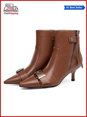 Kitten Heel Ankle Boots Pointed Toe Buckle Side Zipper Tassel Booties
